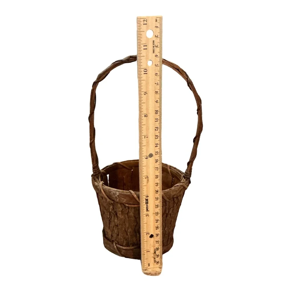 Vintage Rustic Tree Bark Basket with Tall Handle 10.5 Inch Brown Woodland Decor